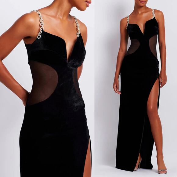NEW PatBO Plunge Velvet Maxi Dress Black Size 6‎ - Picture 1 of 13